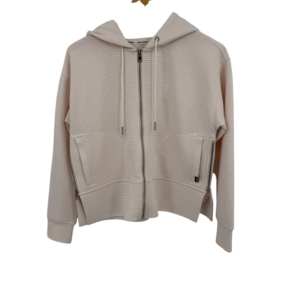 DKNY Sport Hoodie Women Small Cream Ribbed Zip Up Athleisure Boxy Lounge